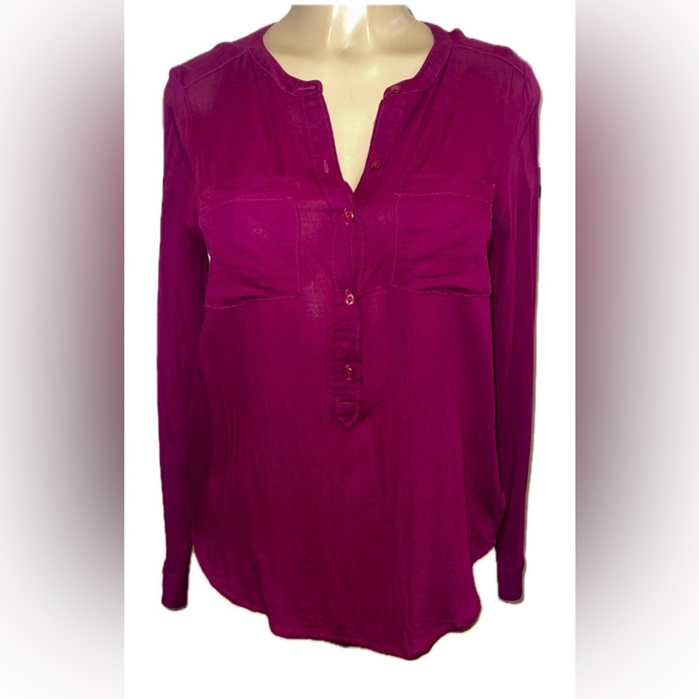 Lucky Brand Purple Hi-Low Popover Blouse Long Sleeve Split Neck Button-Front XS